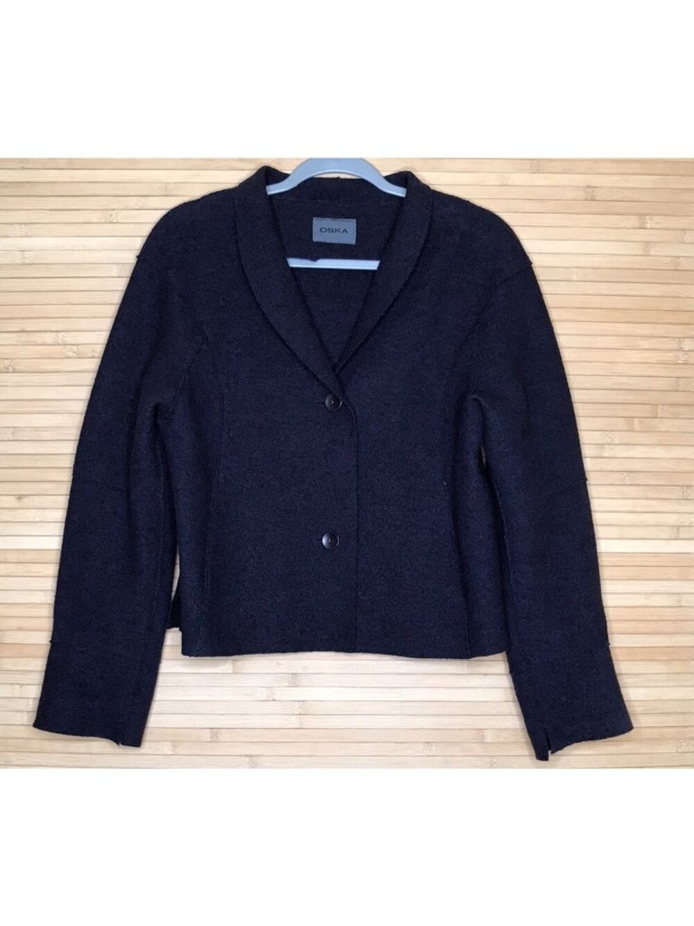 Oska Jacket Size 1 Blue Navy Boiled Wool Coat Moessmer Boxy Lagenlook 2 button